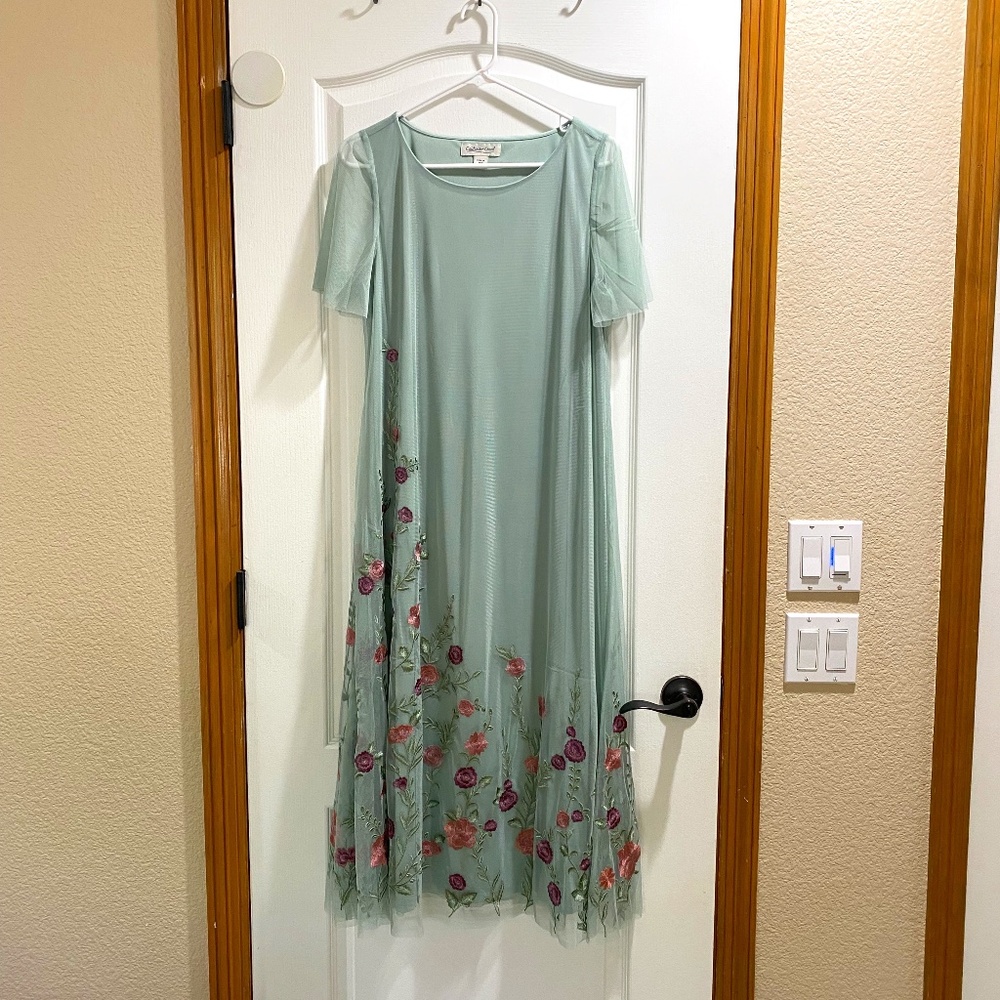 Delicate Intrigue Mesh Dress, Coldwater Creek, green w/flowers, size Medium.